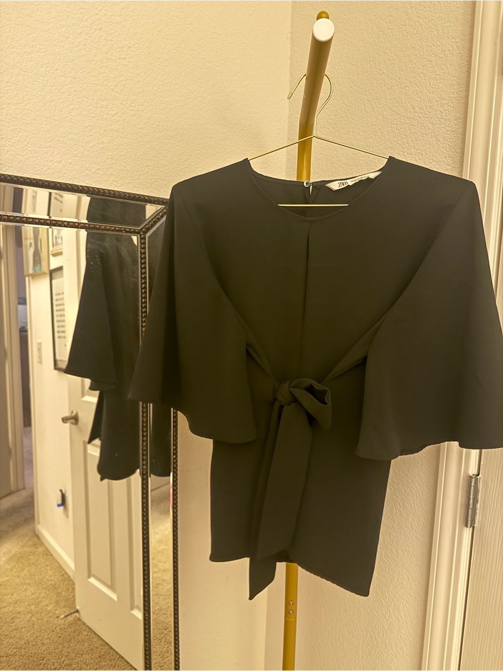 Zara Black Cape Sleeve Tie Front Blouse